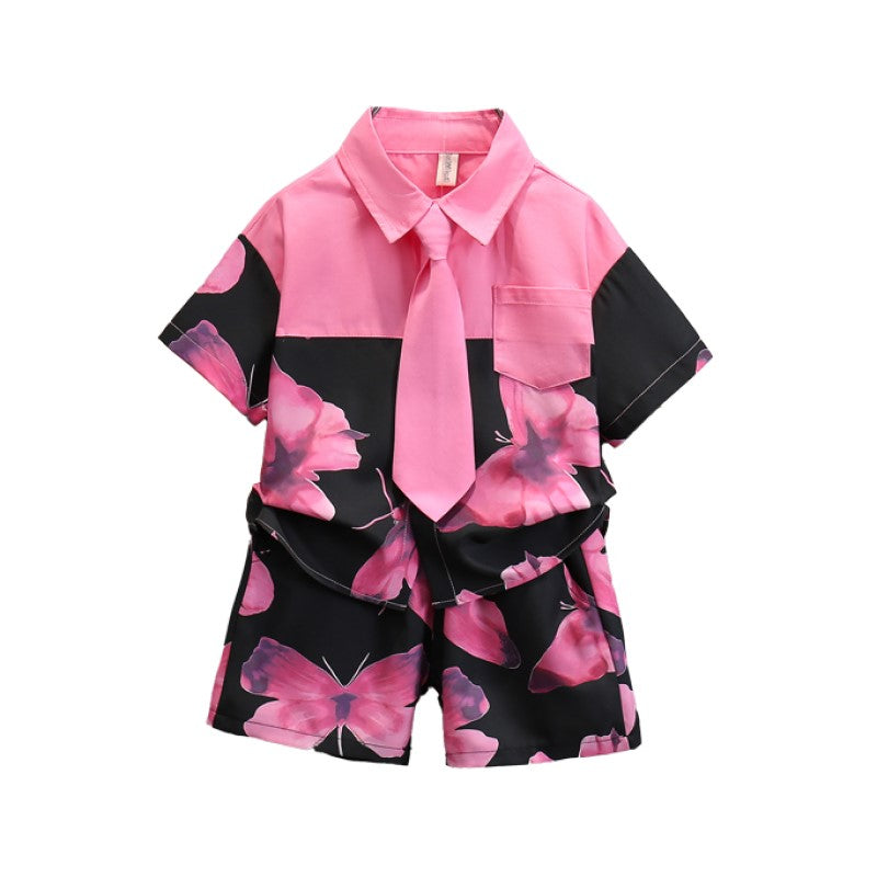 Boys Pink & Black Floral Printed Pure Cotton Shirt With Shorts