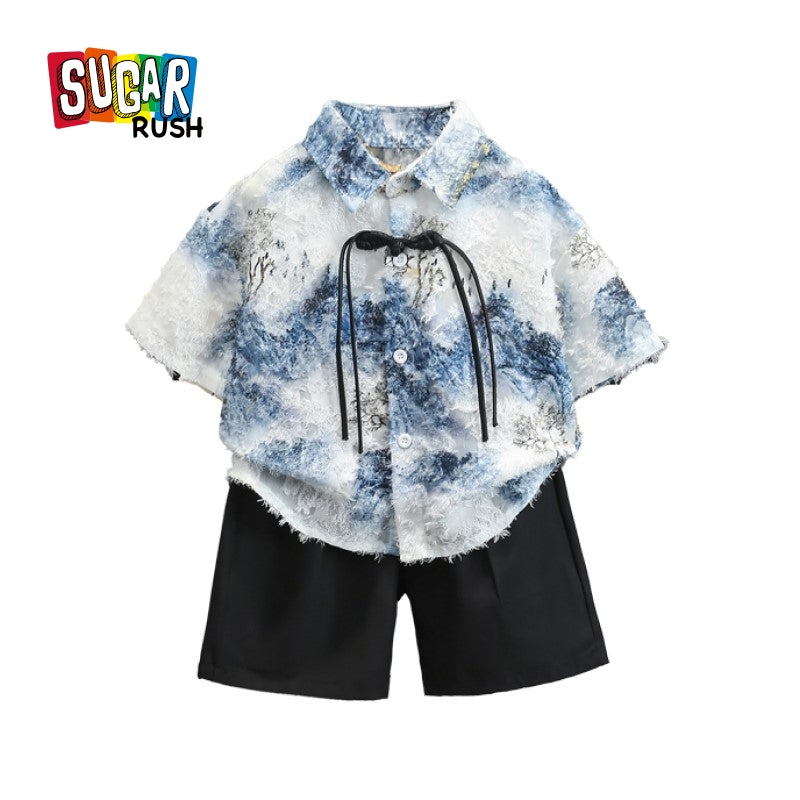 Boys Blue Self Design Shirt With Shorts