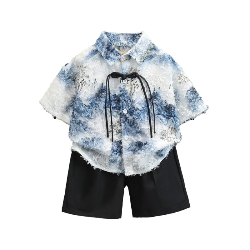 Boys Blue Self Design Shirt With Shorts