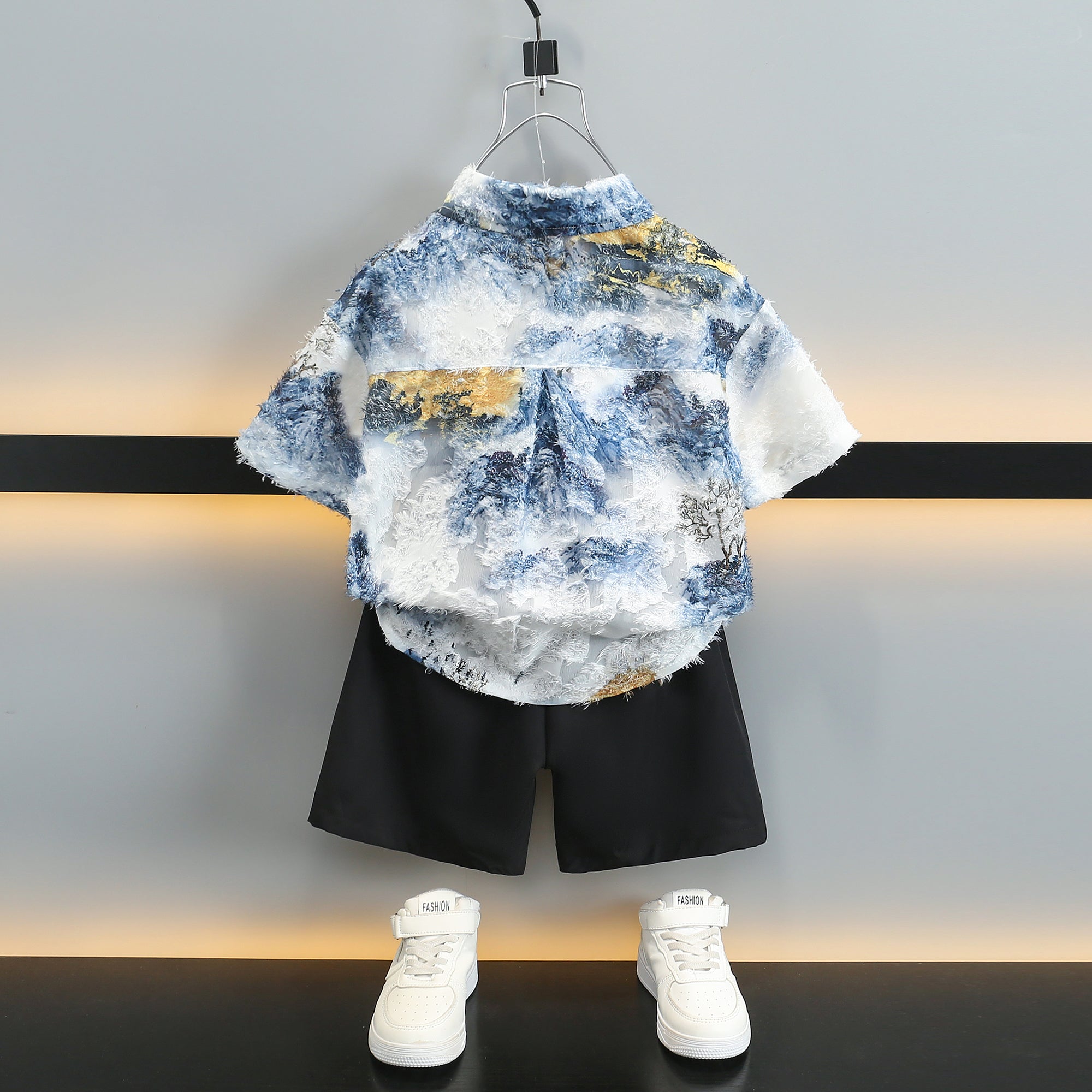 Boys Blue Self Design Shirt With Shorts