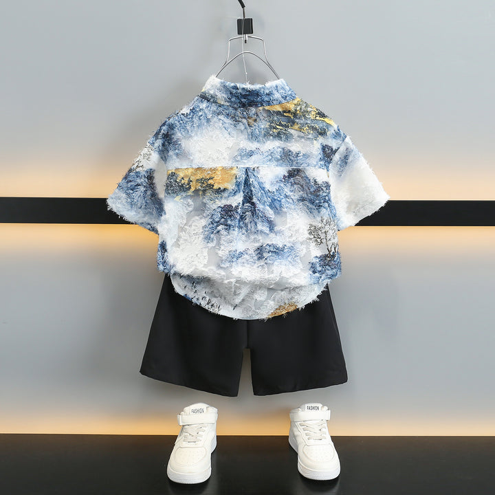 Boys Blue Self Design Shirt With Shorts