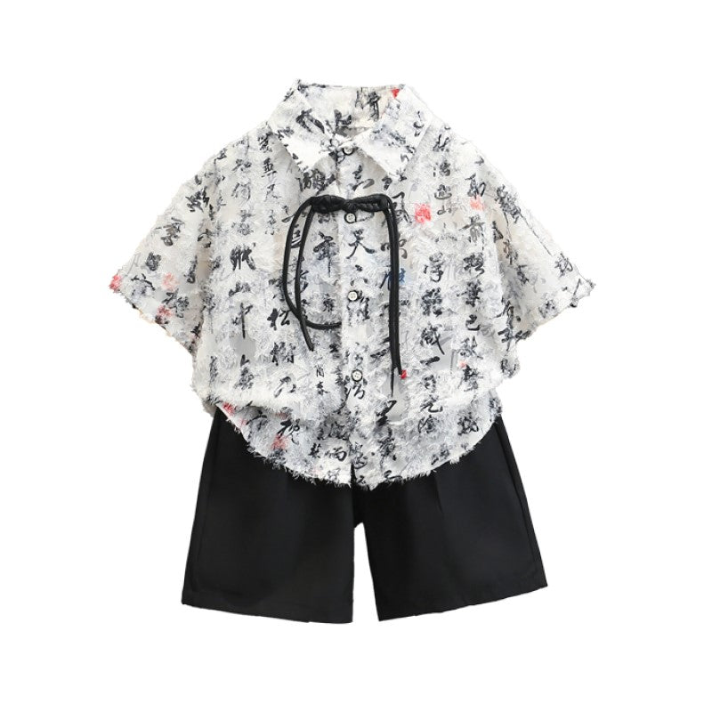 Boys White & Black Printed Pure Cotton Shirt with Shorts