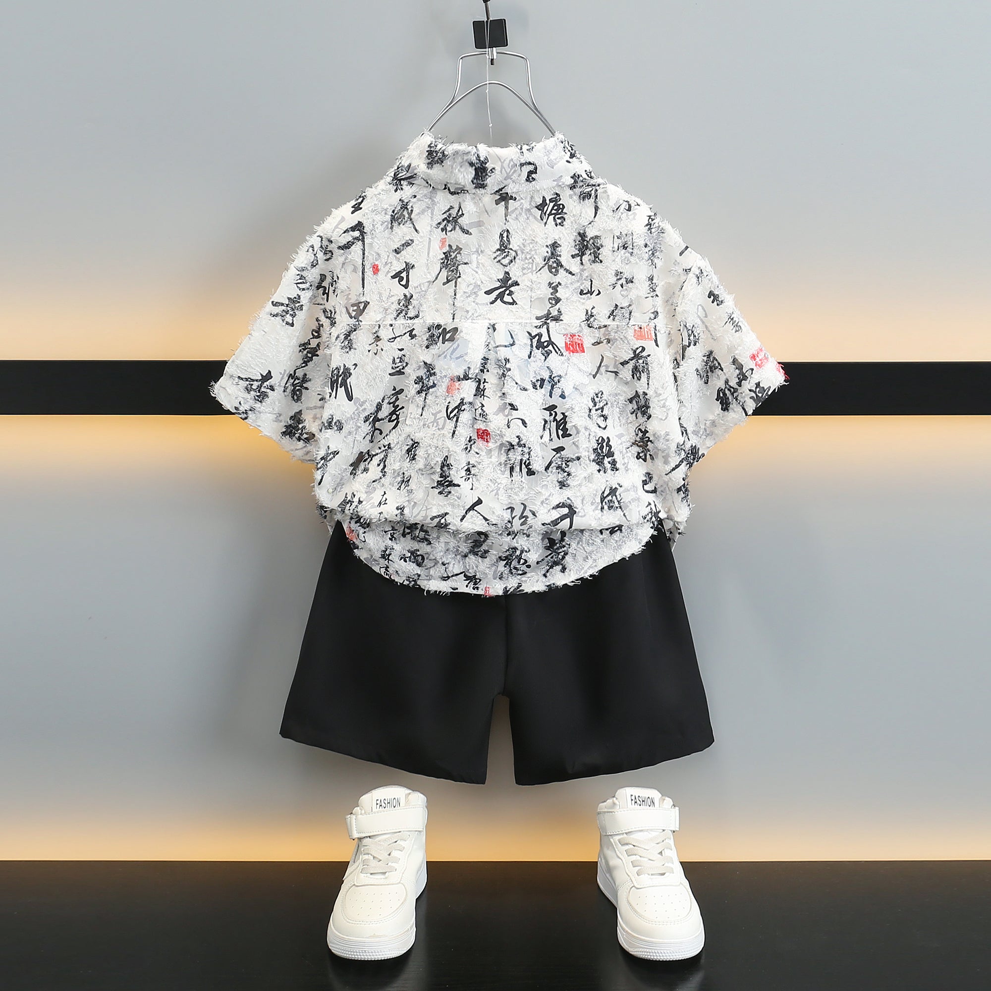 Boys White & Black Printed Pure Cotton Shirt with Shorts