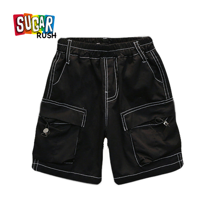 Boys Black Mid-Rise Rapid-Dry Cotton Cargo Shorts