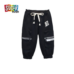 Boys Black Printed High-Rise Easy Wash Cotton  Joggers Trousers
