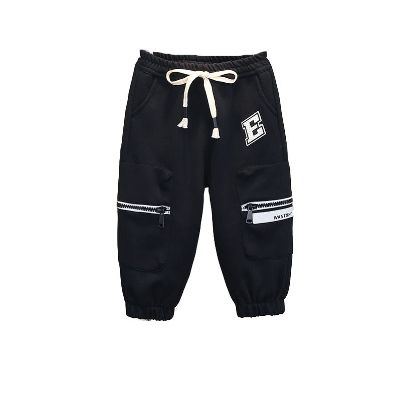 Boys Black Printed High-Rise Easy Wash Cotton  Joggers Trousers