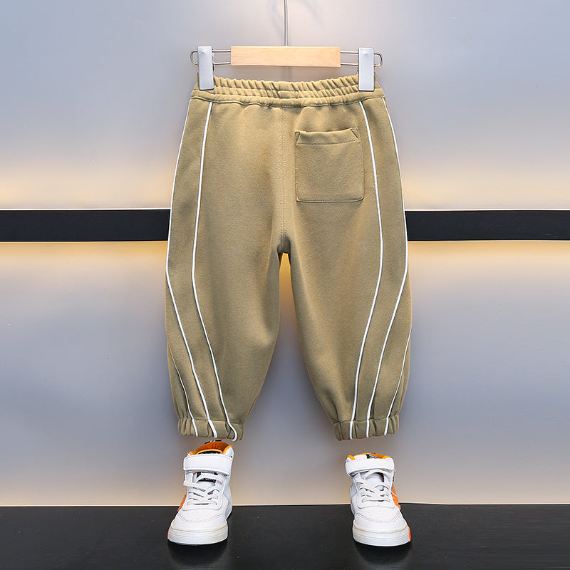 Boys Beige High-Rise Easy Wash Cotton Joggers Trousers