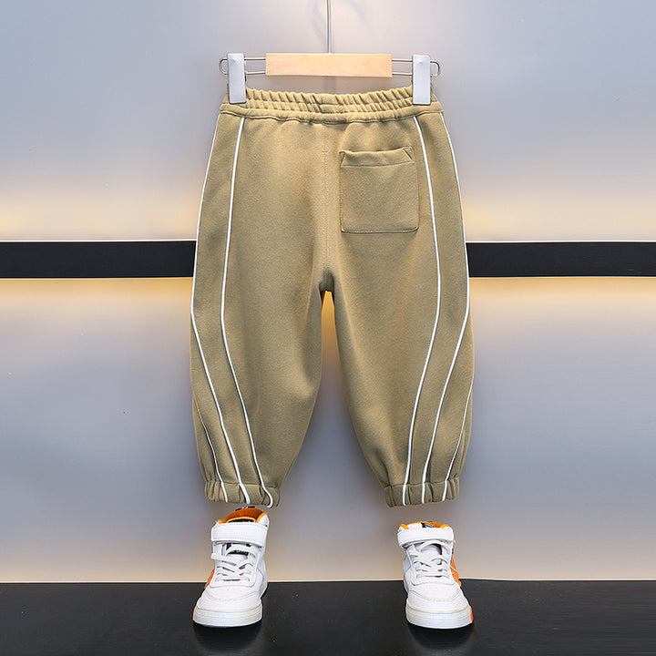 Boys Beige High-Rise Easy Wash Cotton Joggers Trousers