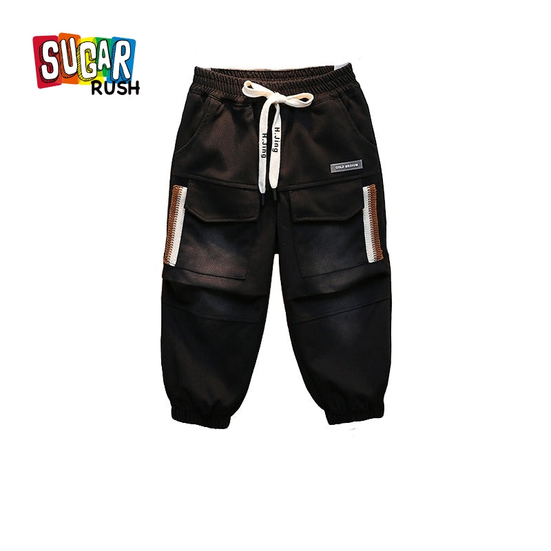 Boys Black High-Rise Easy Wash Cotton Joggers Trousers