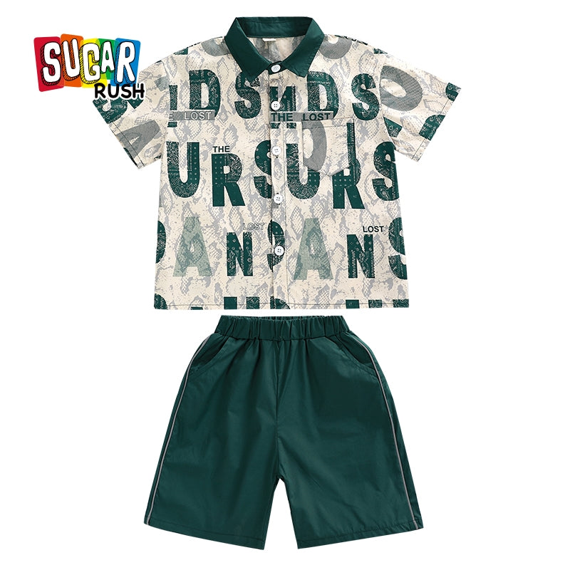 Boys Printed Short Sleeves Polo Collar T-shirt with Shorts