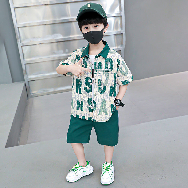Boys Printed Short Sleeves Polo Collar T-shirt with Shorts