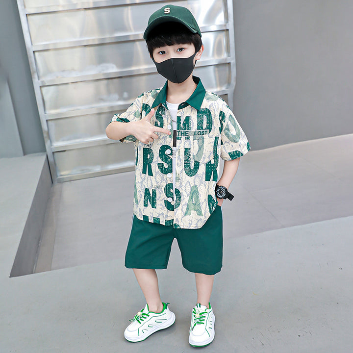 Boys Printed Short Sleeves Polo Collar T-shirt with Shorts