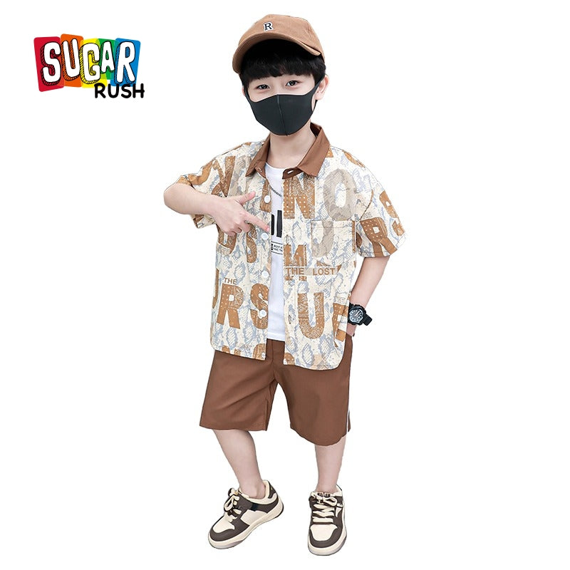 Boys Brown & White Printed Shirt with Shorts