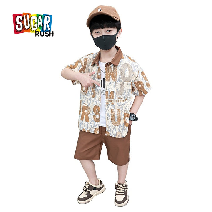 Boys Brown & White Printed Shirt with Shorts