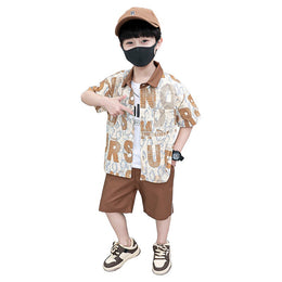 Boys Brown & White Printed Shirt with Shorts
