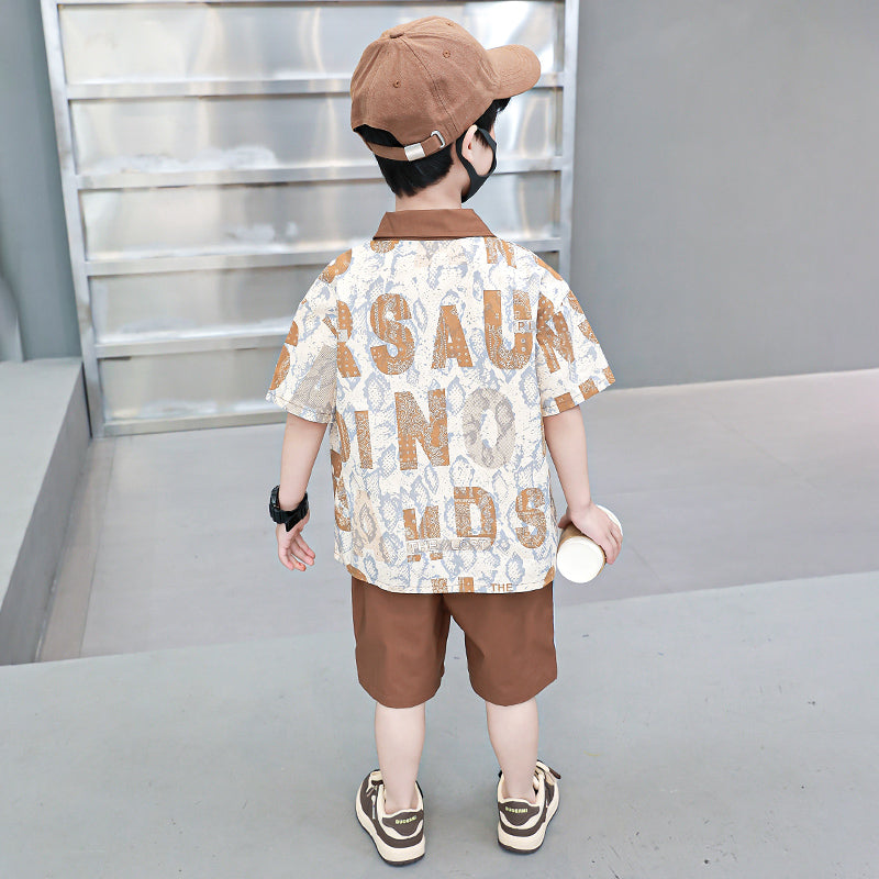 Boys Brown & White Printed Shirt with Shorts