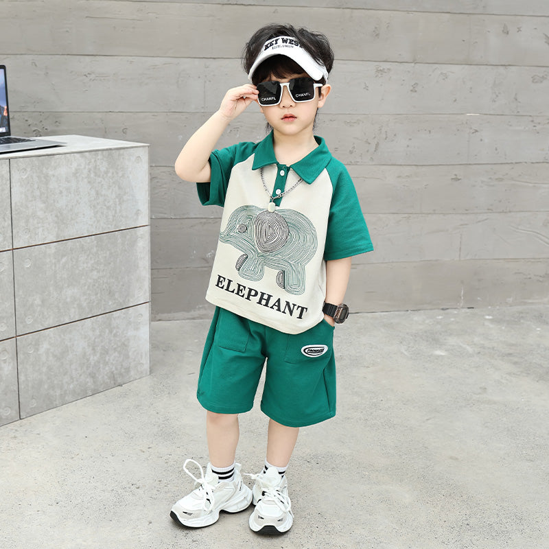 Boys Printed Short Sleeves Polo Collar T-shirt with Shorts