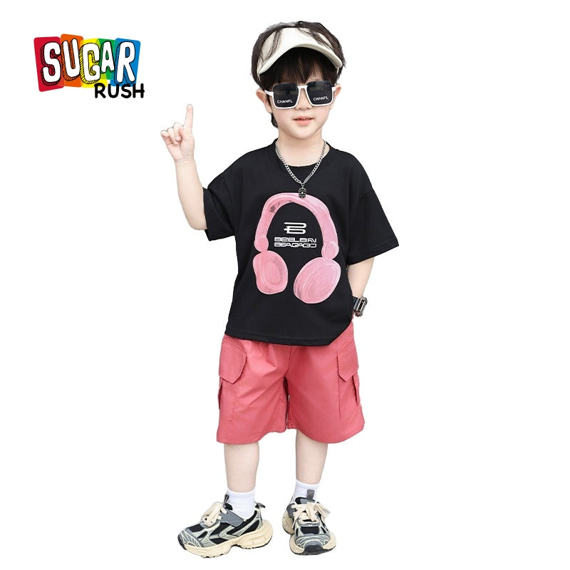 Boys Black & Pink Printed T-shirt with Shorts