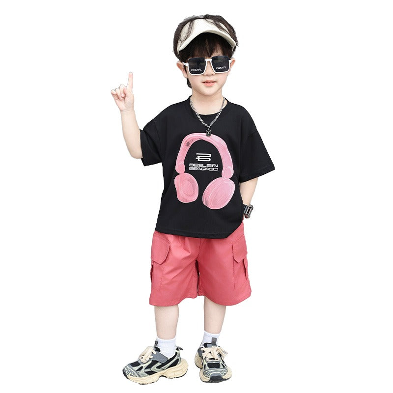 Boys Black & Pink Printed T-shirt with Shorts