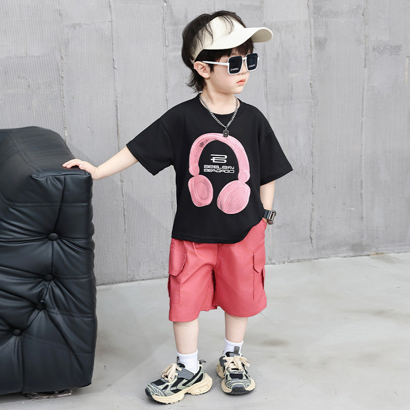 Boys Black & Pink Printed T-shirt with Shorts