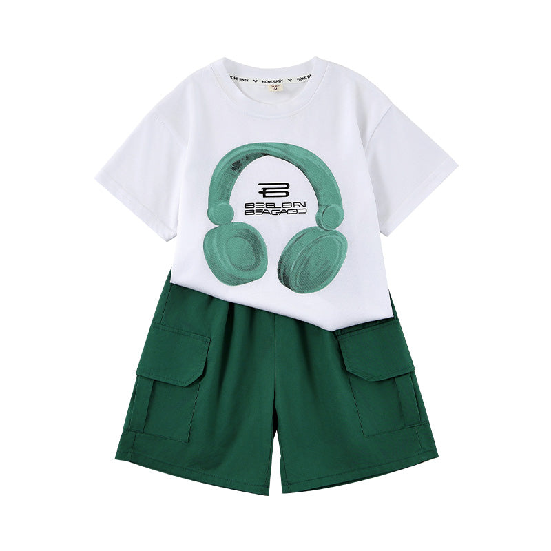 Boys White & Green Round Neck Printed T-shirt with Shorts