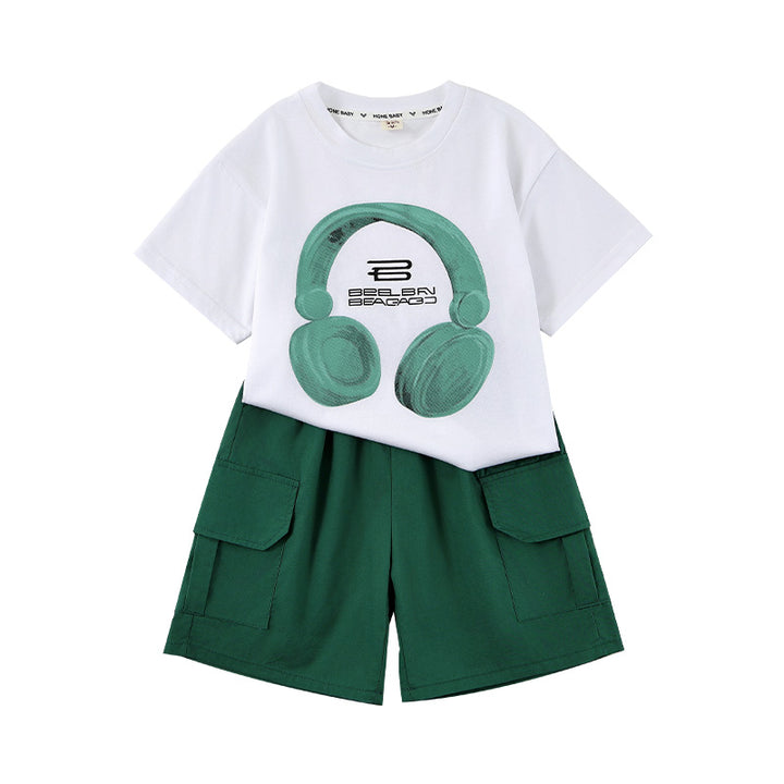 Boys White & Green Round Neck Printed T-shirt with Shorts