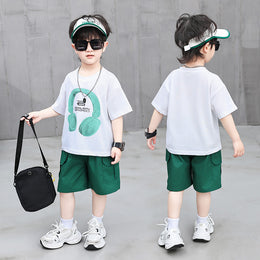Boys White & Green Round Neck Printed T-shirt with Shorts