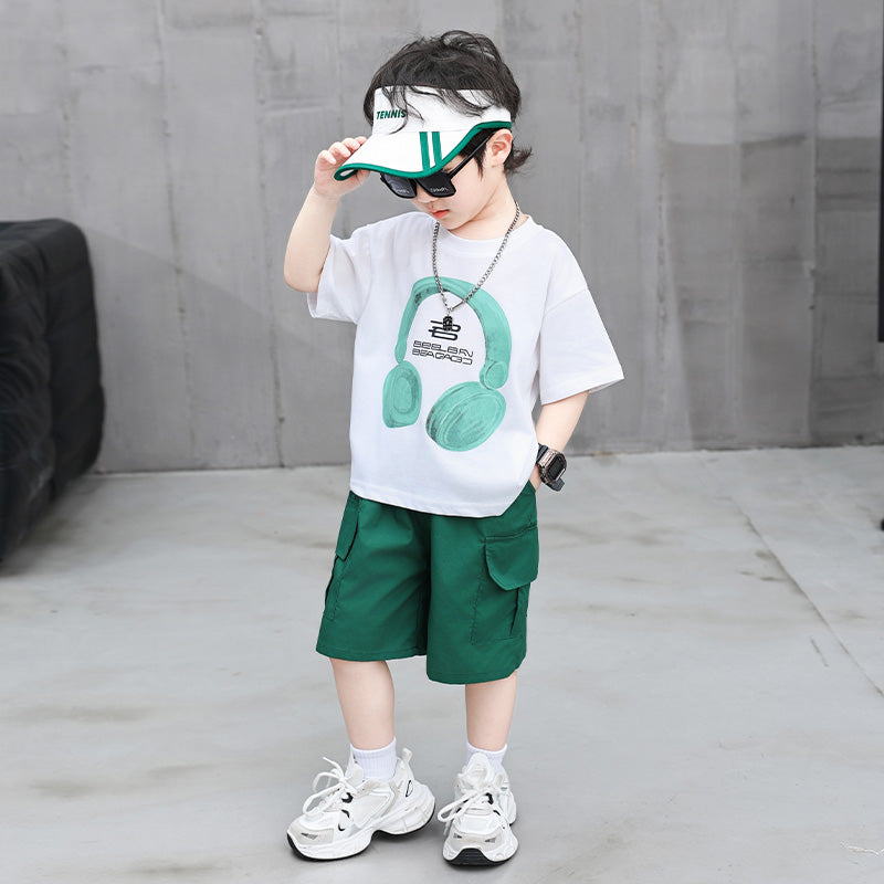 Boys White & Green Round Neck Printed T-shirt with Shorts