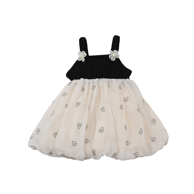 Girls Black & White Floral Printed Bow Detailed Fit & Flare Dress