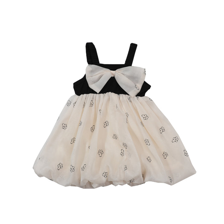 Girls Black & White Floral Printed Bow Detailed Fit & Flare Dress