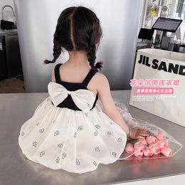 Girls Black & White Floral Printed Bow Detailed Fit & Flare Dress