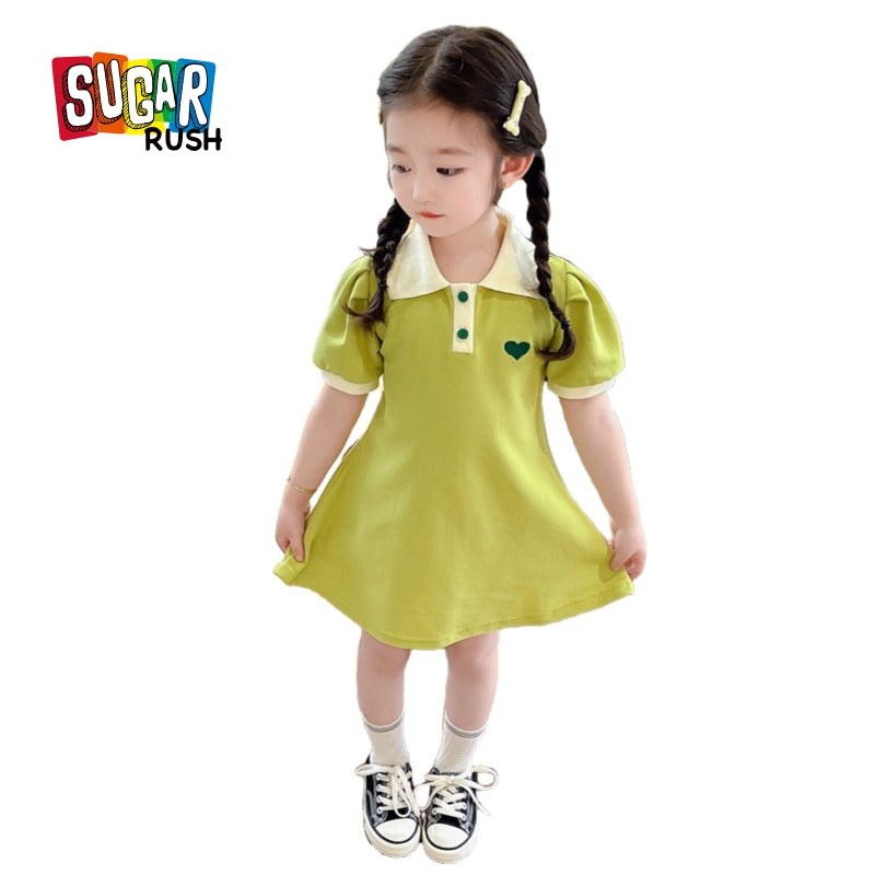 Girls Green Shirt Collar A-Line Dress