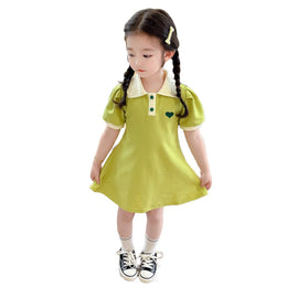 Girls Green Shirt Collar A-Line Dress