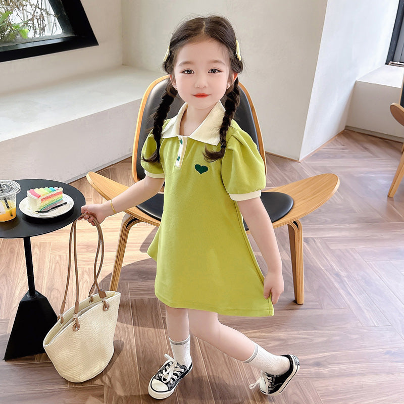 Girls Green Shirt Collar A-Line Dress