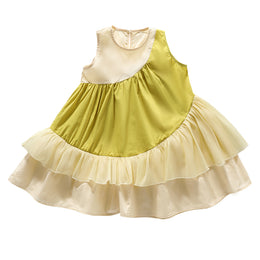 Girls Yellow & White Round Neck Layered A-Line Dress