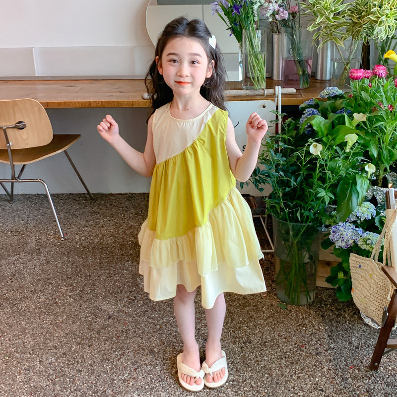 Girls Yellow & White Round Neck Layered A-Line Dress