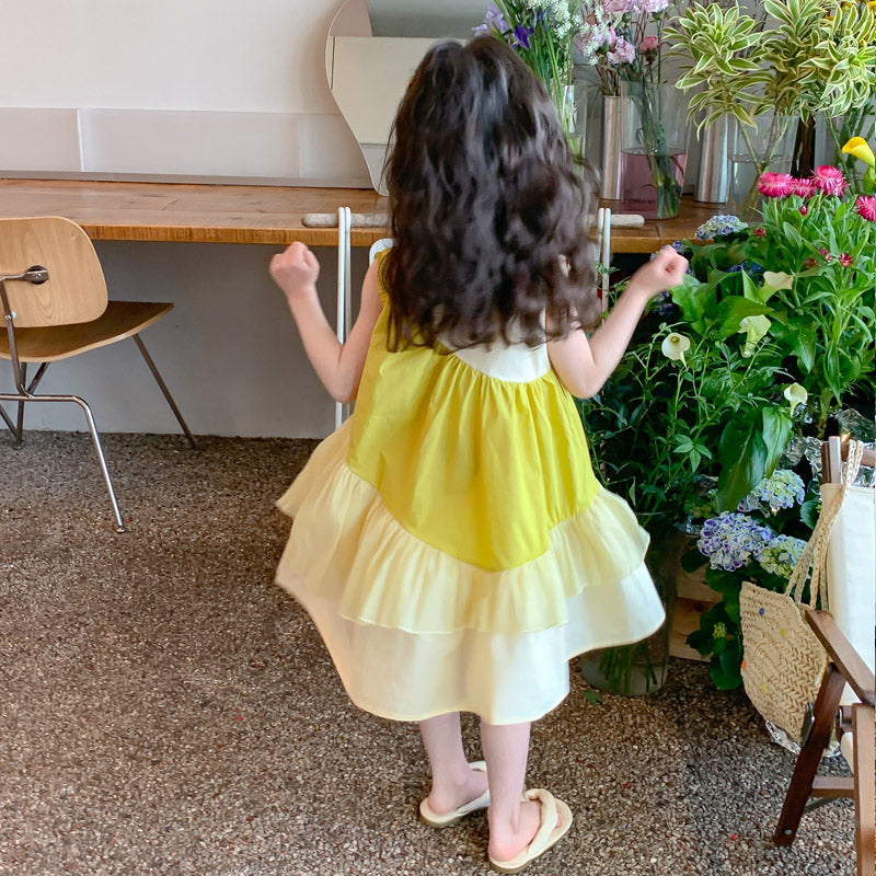 Girls Yellow & White Round Neck Layered A-Line Dress