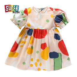 Girls Polka Dot Print Puff Sleeve Fit & Flare Dress