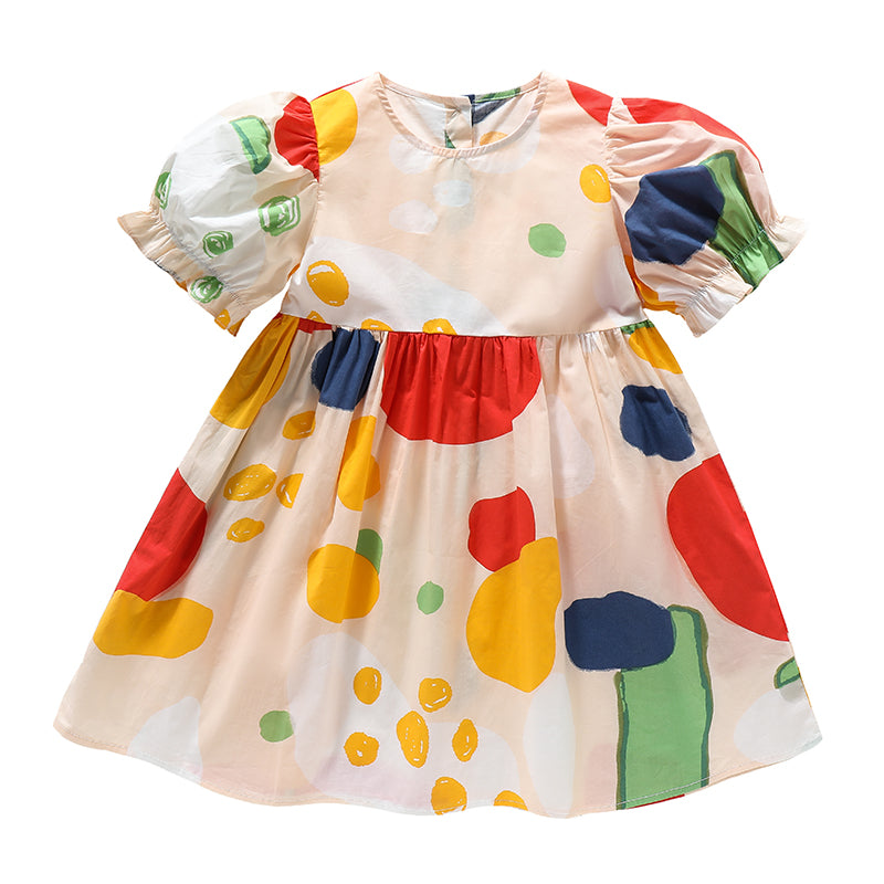 Girls Polka Dot Print Puff Sleeve Fit & Flare Dress