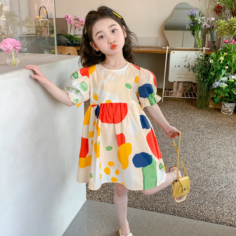 Girls Polka Dot Print Puff Sleeve Fit & Flare Dress