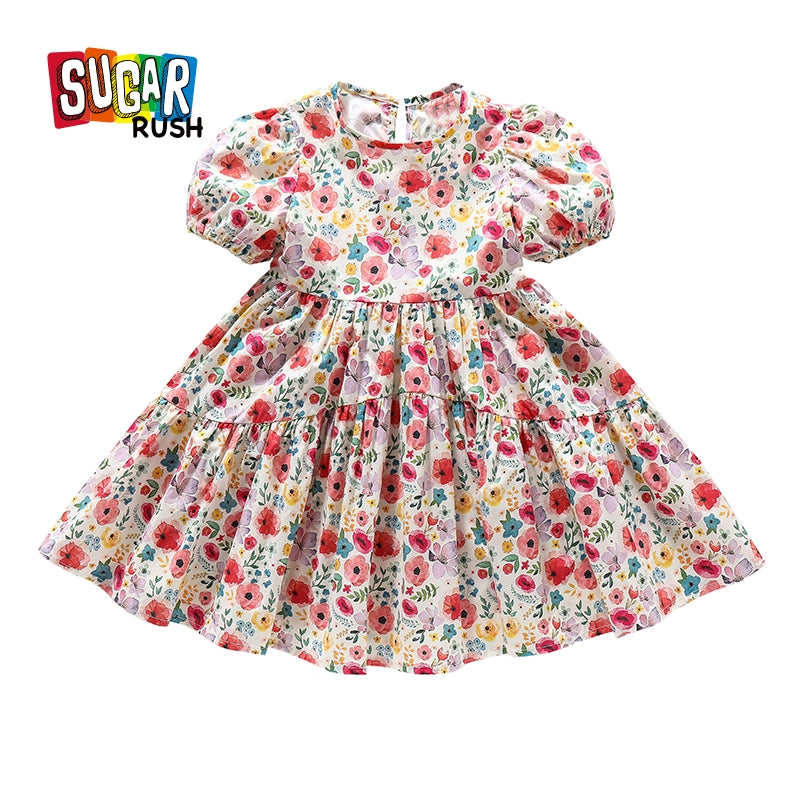 Girls Red & White Floral Print Puff Sleeves Layered Fit & Flare Dress