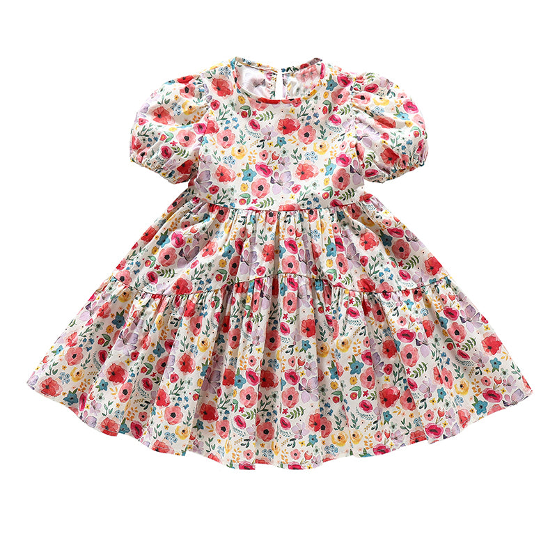 Girls Red & White Floral Print Puff Sleeves Layered Fit & Flare Dress