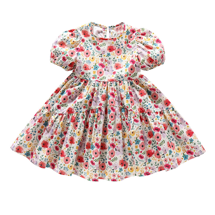 Girls Red & White Floral Print Puff Sleeves Layered Fit & Flare Dress