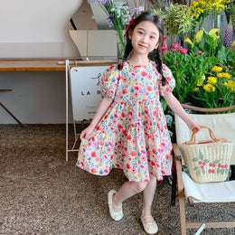 Girls Red & White Floral Print Puff Sleeves Layered Fit & Flare Dress