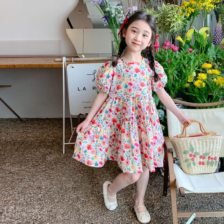 Girls Red & White Floral Print Puff Sleeves Layered Fit & Flare Dress