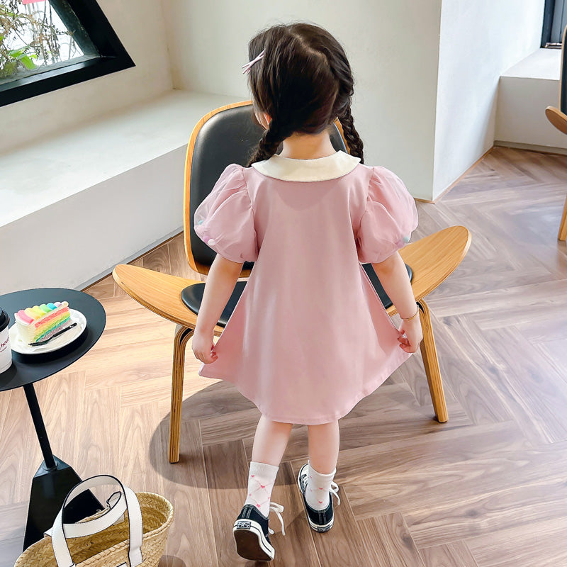 Girls Pink & White Puff Sleeve Peter Pan Collar A-Line Dress