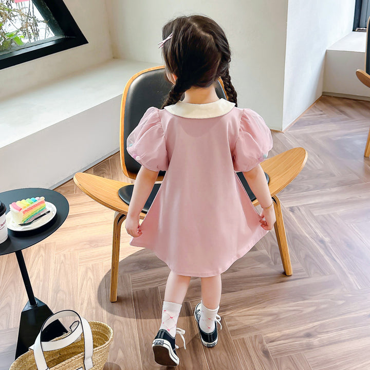 Girls Pink & White Puff Sleeve Peter Pan Collar A-Line Dress