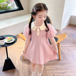 Girls Pink & White Puff Sleeve Peter Pan Collar A-Line Dress