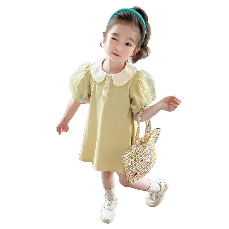 Girls Yellow & White Peter Pan Collar A-Line Dress