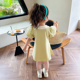 Girls Yellow & White Peter Pan Collar A-Line Dress